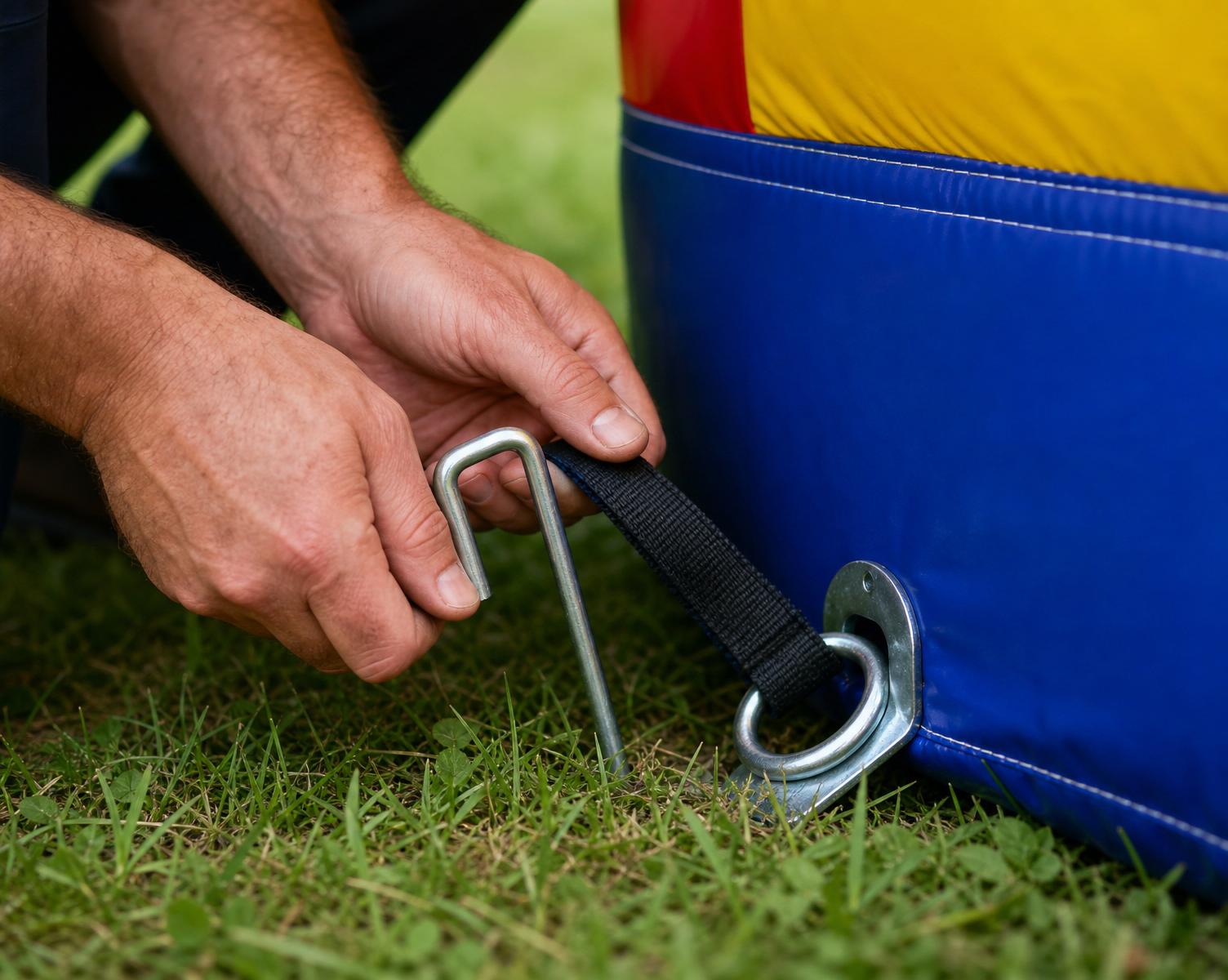 Anchor stake securing an inflatable to the ground